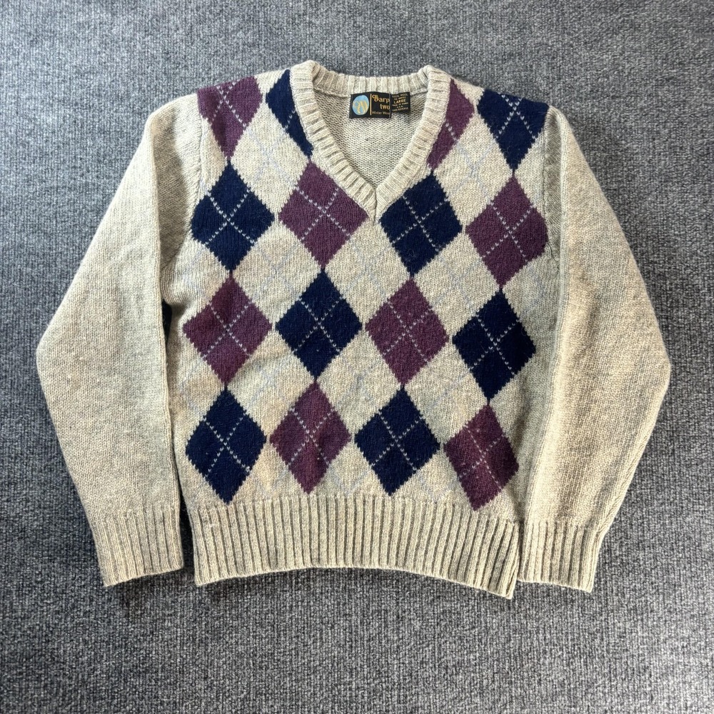Vintage Warp Two Sweater Mens Large Beige Wool Argyle V Neck Made USA Preppy 80s